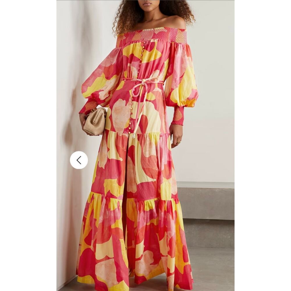 REBECCA VALLANCE Toretta Long-Sleeve Kaftan Midi Dress Tropical Bold Resort‎
